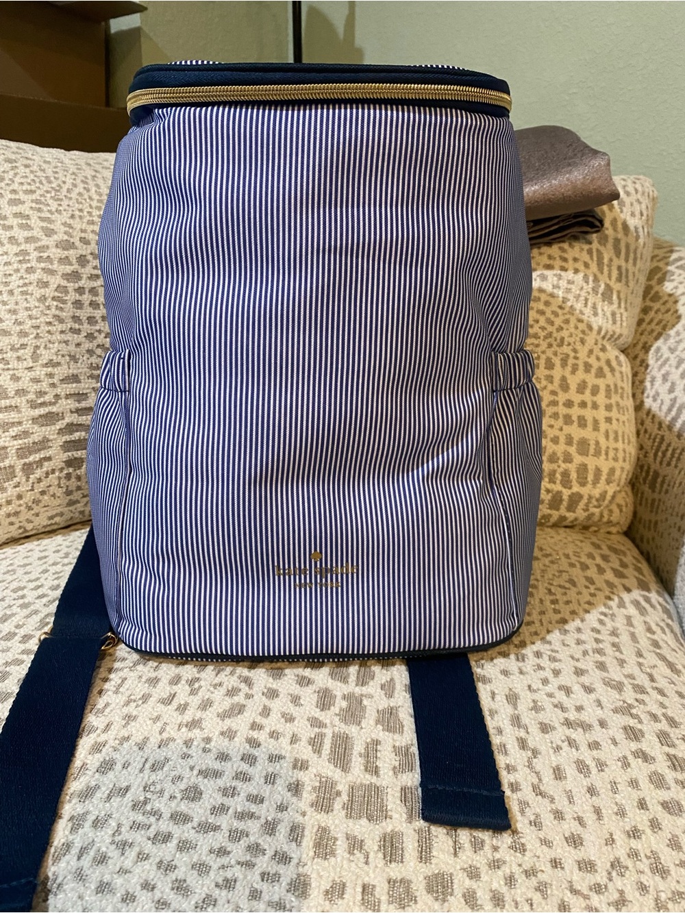 kate spade Navy and White Pinstripe Backpack Cooler Bag with Gold Trim